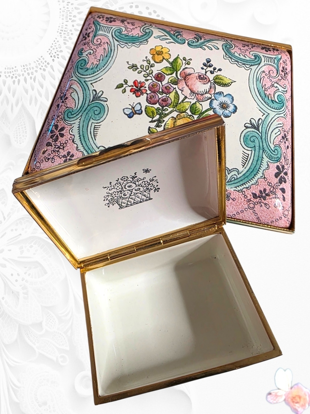 Vintage Halcyon Days Enamels Floral Trinket Box Pink Bilston Battersea England